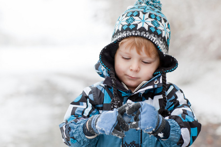 可爱的小孩男孩在冬季一天玩雪