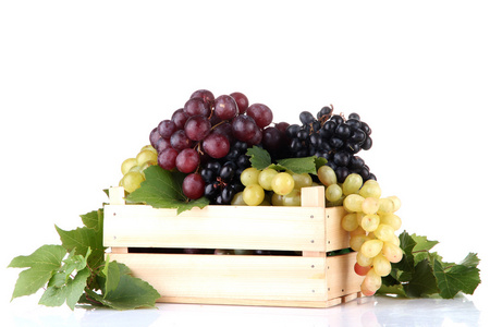 成熟的甜葡萄在木箱，孤立的白色衬底上的分类