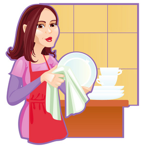 女孩擦板小男孩在厨房擦干净的盘子,特写在餐具柜上钓鱼动画片纸巾盒