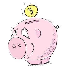 钱卡通猪草绘与硬币图图标