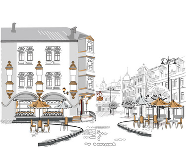 系列的旧城美景与咖啡馆的剪影