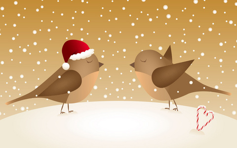 与两个鸟在爱的复古圣诞背景。