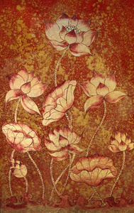 泰式风格画在寺庙墙上的白莲花