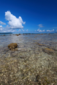 低浪潮和蓝蓝的天空和洁白的云朵在珊瑚海滩上。安达曼群岛