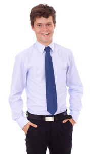 蓝色衬衫，白色上孤立的年轻成功商人