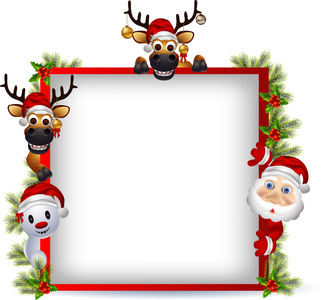 矢量插画的圣诞老人 鹿和雪人空白符号