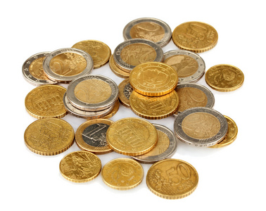 欧元硬币上白色隔离