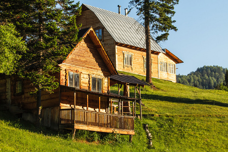 小山上的房子在一个绿色小山的斜坡上的房子照片