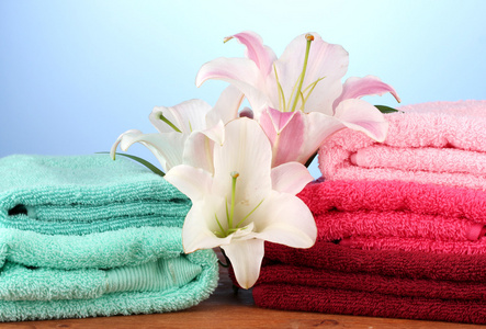 毛巾粉色百合在蓝色背景上的堆栈