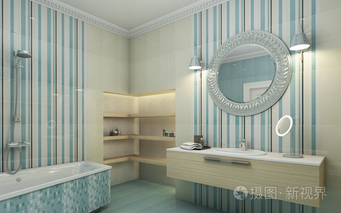 浴室蓝色瓷砖圆镜子