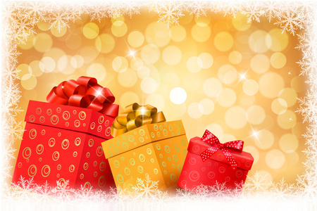 圣诞黄金背景与礼品颜色盒和雪花。矢量插画