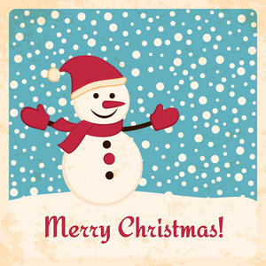 与快乐雪人落雪背景上的复古圣诞卡片。