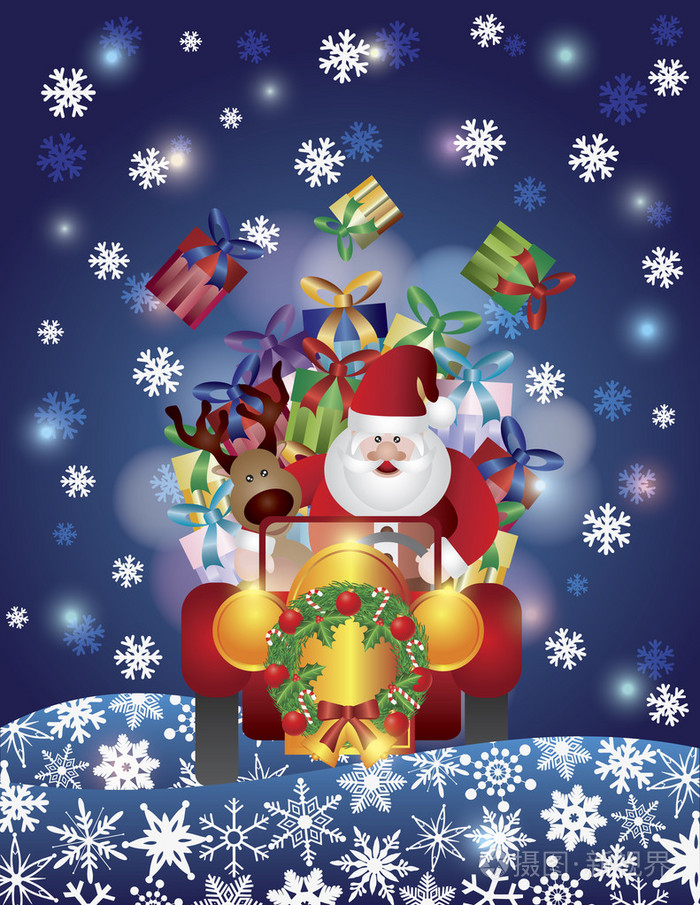 圣诞老人驯鹿在雪在晚上illusrtation驾驶