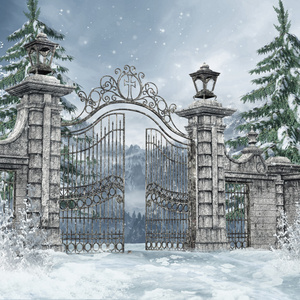 在冬季森林公墓大门