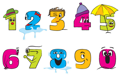 可爱搞笑幼稚字母表快乐多彩数字从零到九与 th 为有趣的脸照片