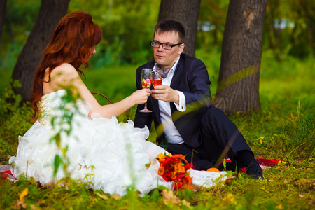 在俄罗斯夫妇新娘和新郎坐在绿色的草地，picni