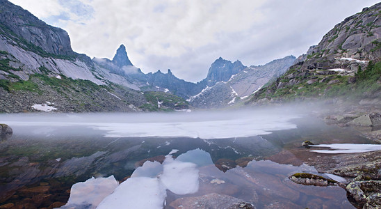 山风景。结束与冰湖雾