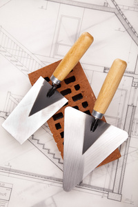 砖 抹泥刀工具和建设计划