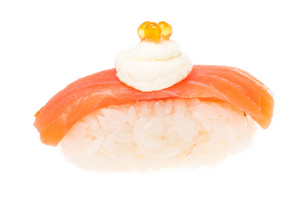 在白色背景上的三文鱼寿司