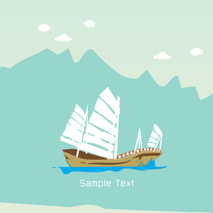 卡通轻舟小船在蓝色山脉背景图片