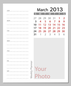 简单 2012 年日历，3 月。所有元素都单独都分层