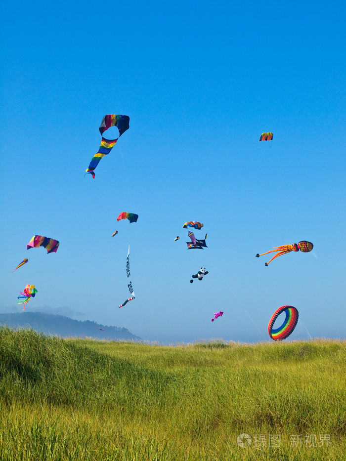 各种五颜六色的风筝在蔚蓝的天空飞