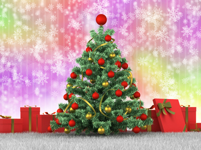 圣诞树和礼物在彩色背景上