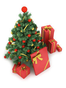 圣诞树和礼物在白色背景上