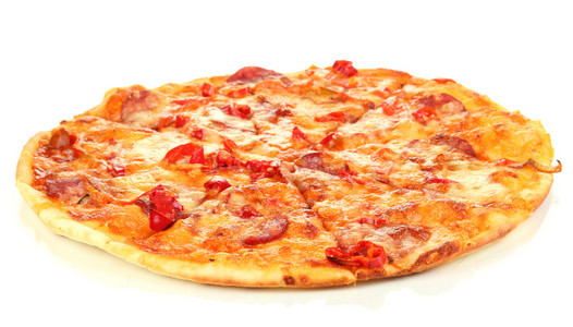 美味的意大利辣香肠披萨上白色隔离