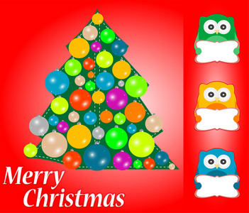 快乐圣诞贺卡设计。可爱猫头鹰与空白卡