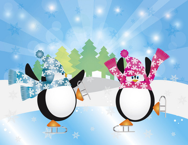 企鹅对滑冰在冬季场景图图片