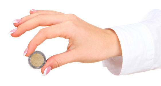 女人手与欧元的硬币，在白色隔离
