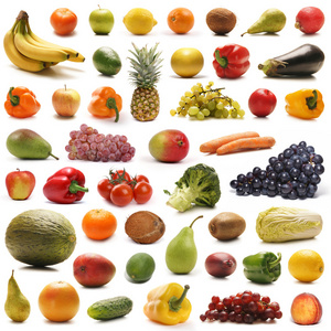 许多不同的水果和蔬菜上白色隔离