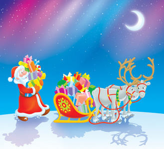 圣诞老人加载他的雪橇的圣诞礼物