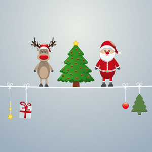 圣诞老人驯鹿树上缠绕银色背景