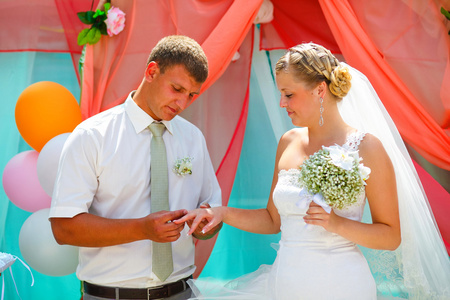 新郎穿环新娘在婚礼夫妇新婚夫妇新用户注册