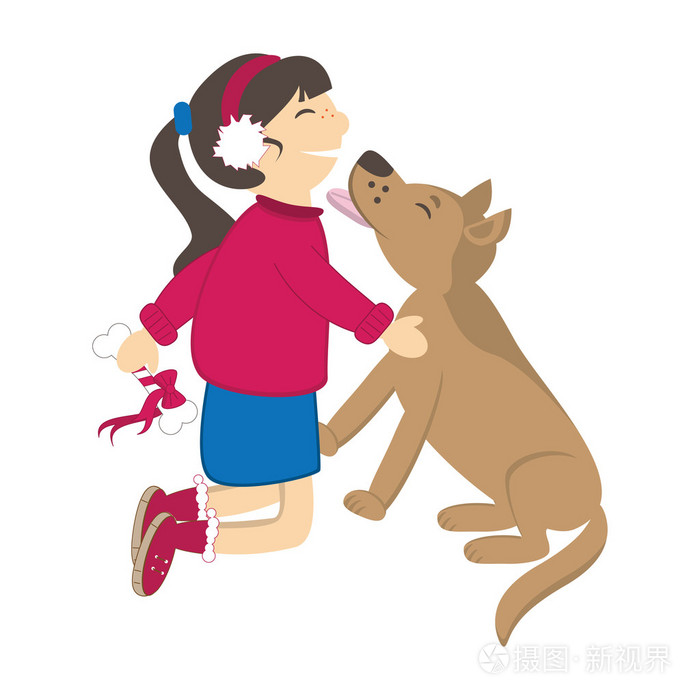 狗亲吻的女孩.矢量插画