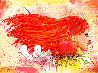 红头发女孩的 grunge 花卉肖像