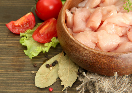 生鸡肉肉在碗里，木制背景上