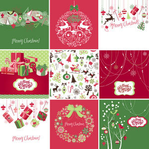 组的粉红色 红色和绿色圣诞贺卡模板