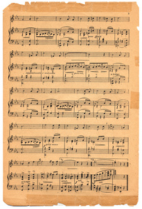 小提琴棒和乐谱红玫瑰与旧音符乐谱小号旧乐谱在复古纸和白色背景上的