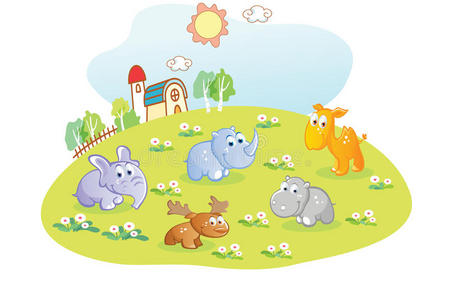 家庭花园里的小动物卡通照片