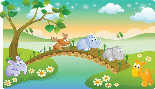 小动物在美丽的风景中玩耍照片