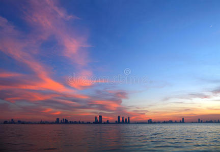巴林日落时的天际线，hdr照片