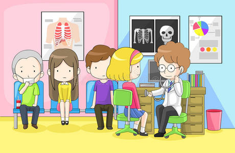 家长照顾生病孩子卡通医生用听诊器检查一群孩子照片