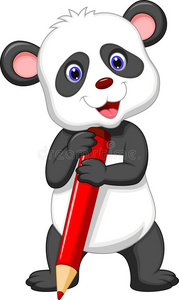 可爱的熊猫熊卡通拿着红铅笔
