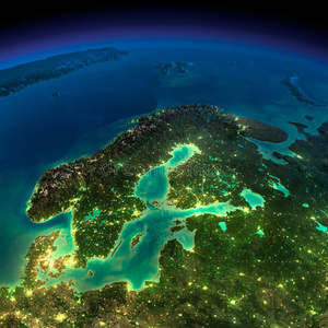 夜地球。欧洲。斯堪的纳维亚