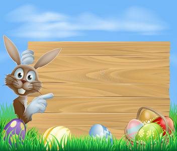 指向复活节兔子的木制标牌
