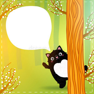 精灵森林里可爱的卡通胖黑猫
