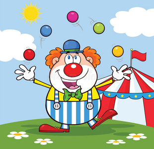 小丑卡通人物在马戏团帐篷前玩球